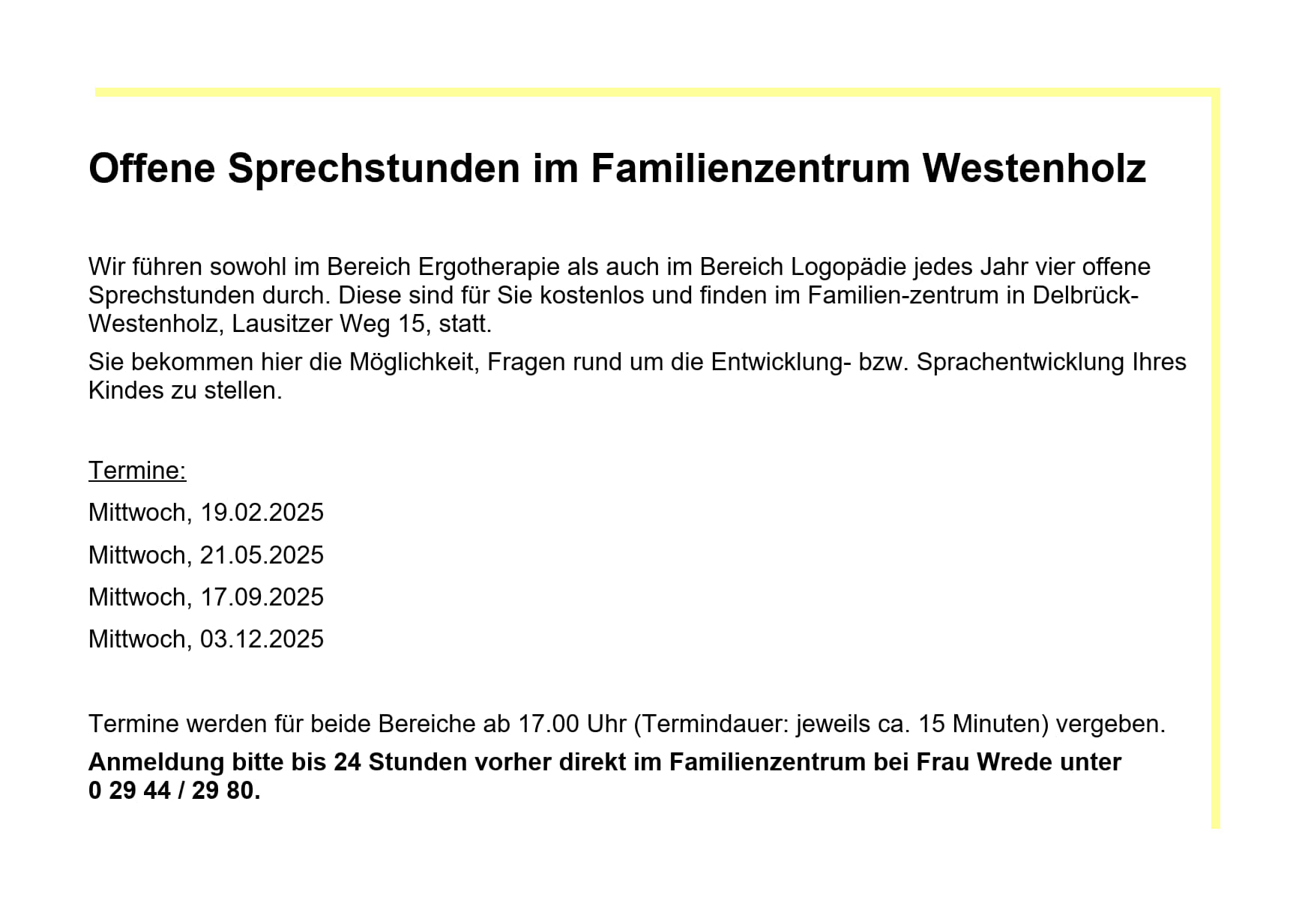 Sprechstunden im Familienzentrum Westenholz